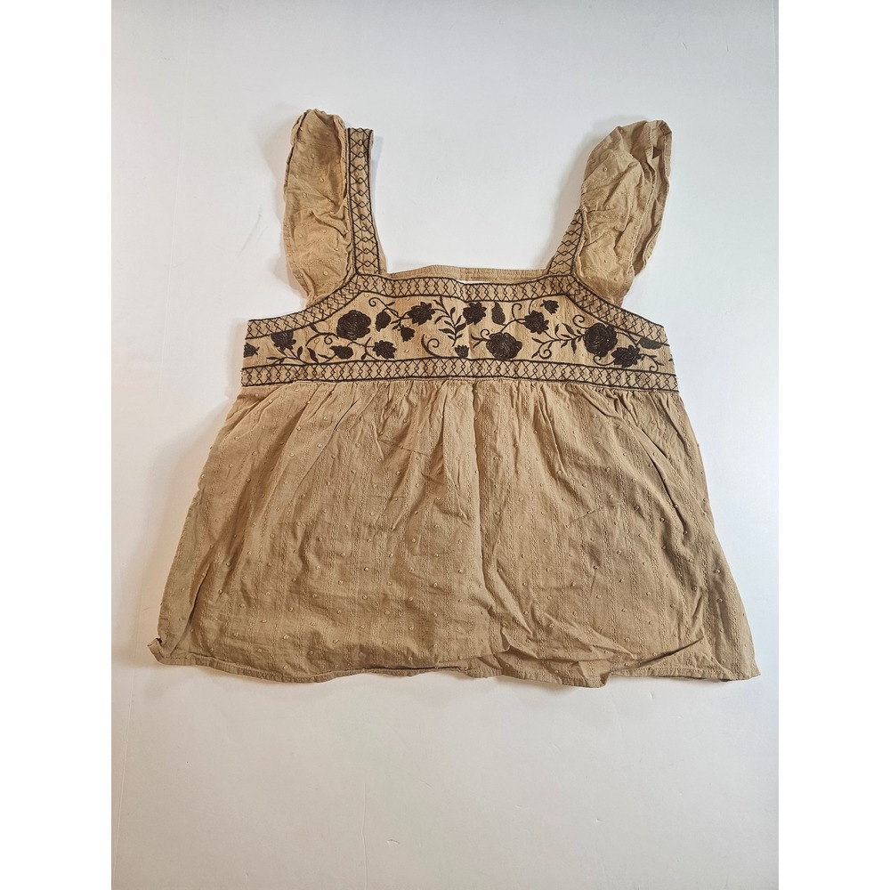 MINE Boho Tank Top Womens Small Tan Embroidered Ruffle Sleeveless Top
